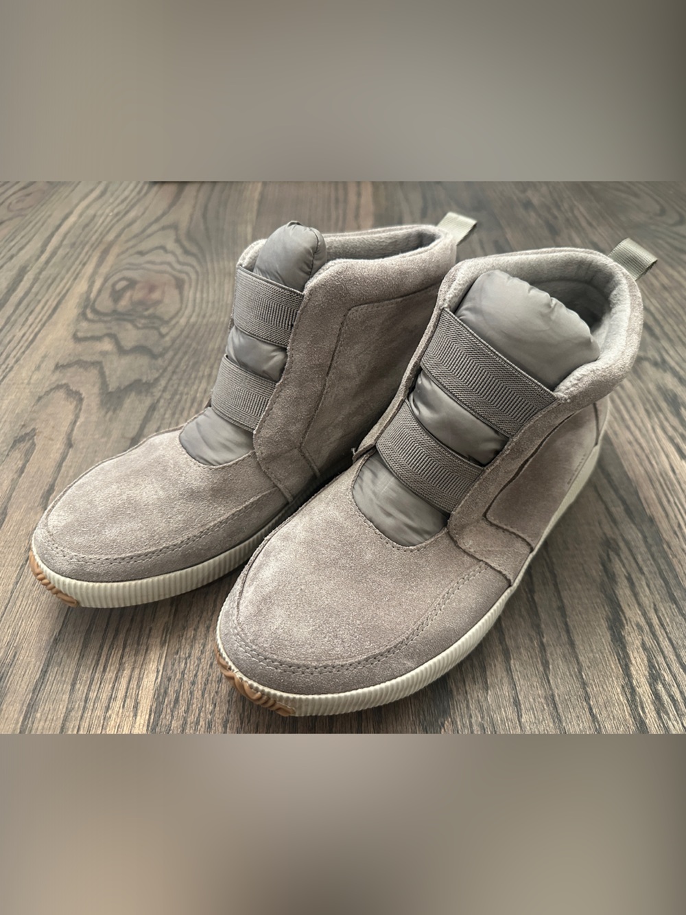 Sorel Women's Gray Suede Ankle Booties with Tan Rubber Heels